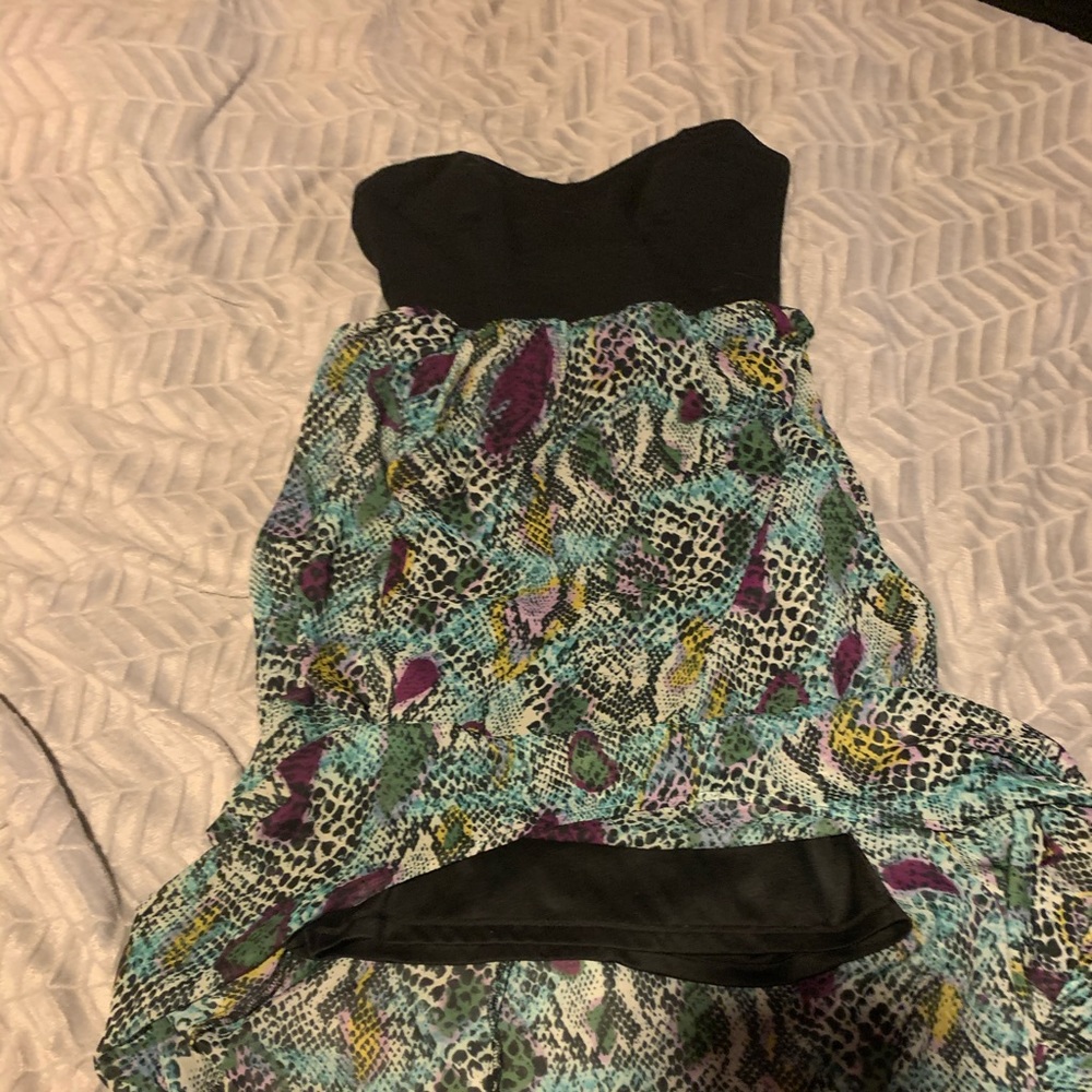 Strapless high low dress with peacock print
